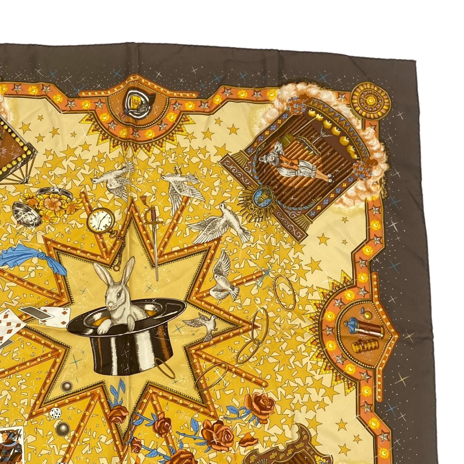 Hermes Carre 90 la Magie Magic Rabbit Pigeon Clown Silk Brown Scarf — view 4