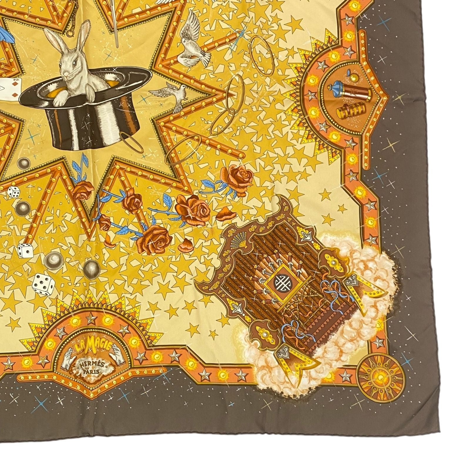 Hermes Carre 90 la Magie Magic Rabbit Pigeon Clown Silk Brown Scarf — view 6
