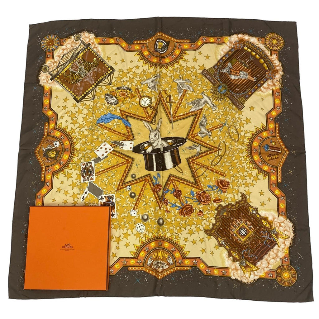 Hermes Carre 90 la Magie Magic Rabbit Pigeon Clown Silk Brown Scarf