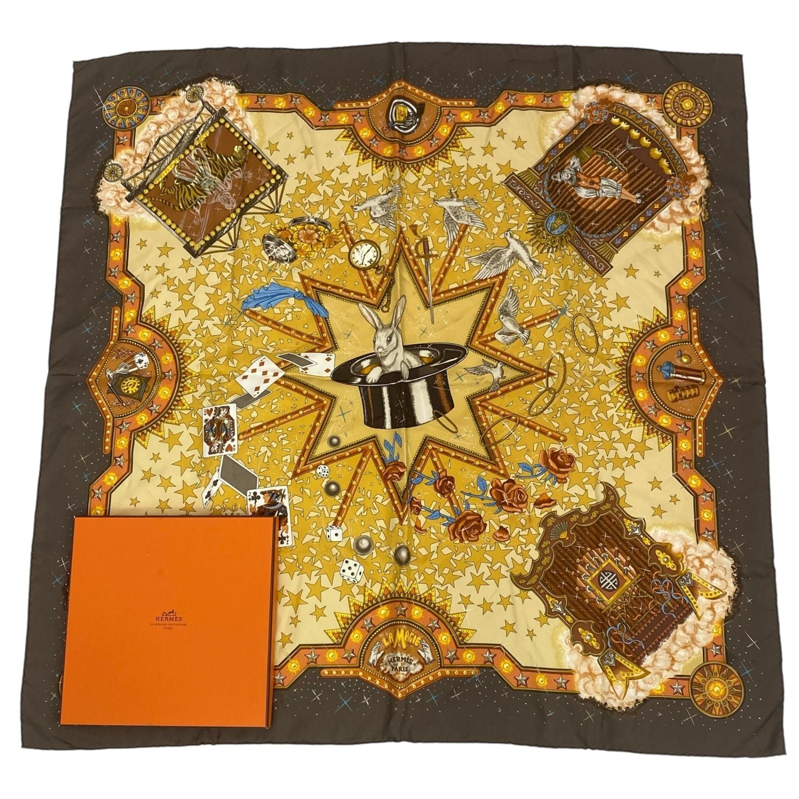 Hermes Carre 90 la Magie Magic Rabbit Pigeon Clown Silk Brown Scarf