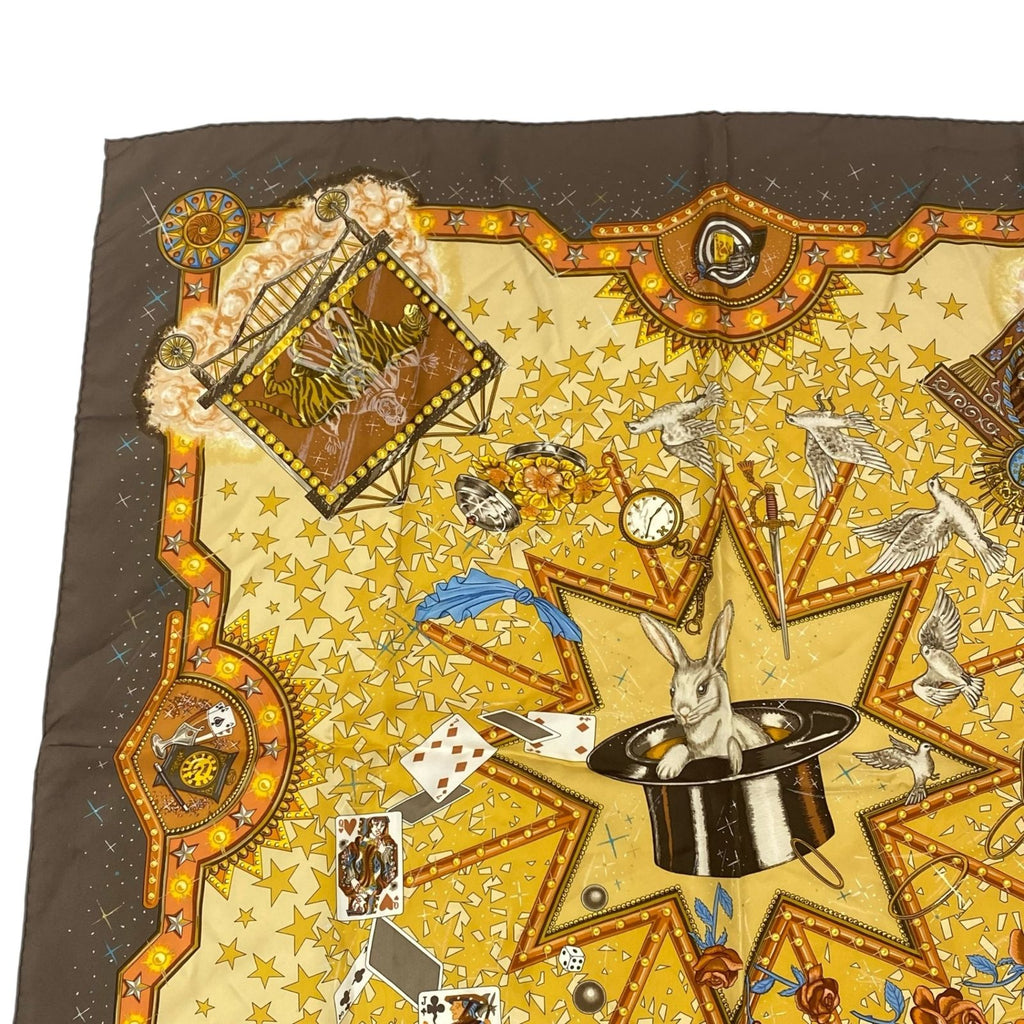 Hermes Carre 90 la Magie Magic Rabbit Pigeon Clown Silk Brown Scarf — view 3