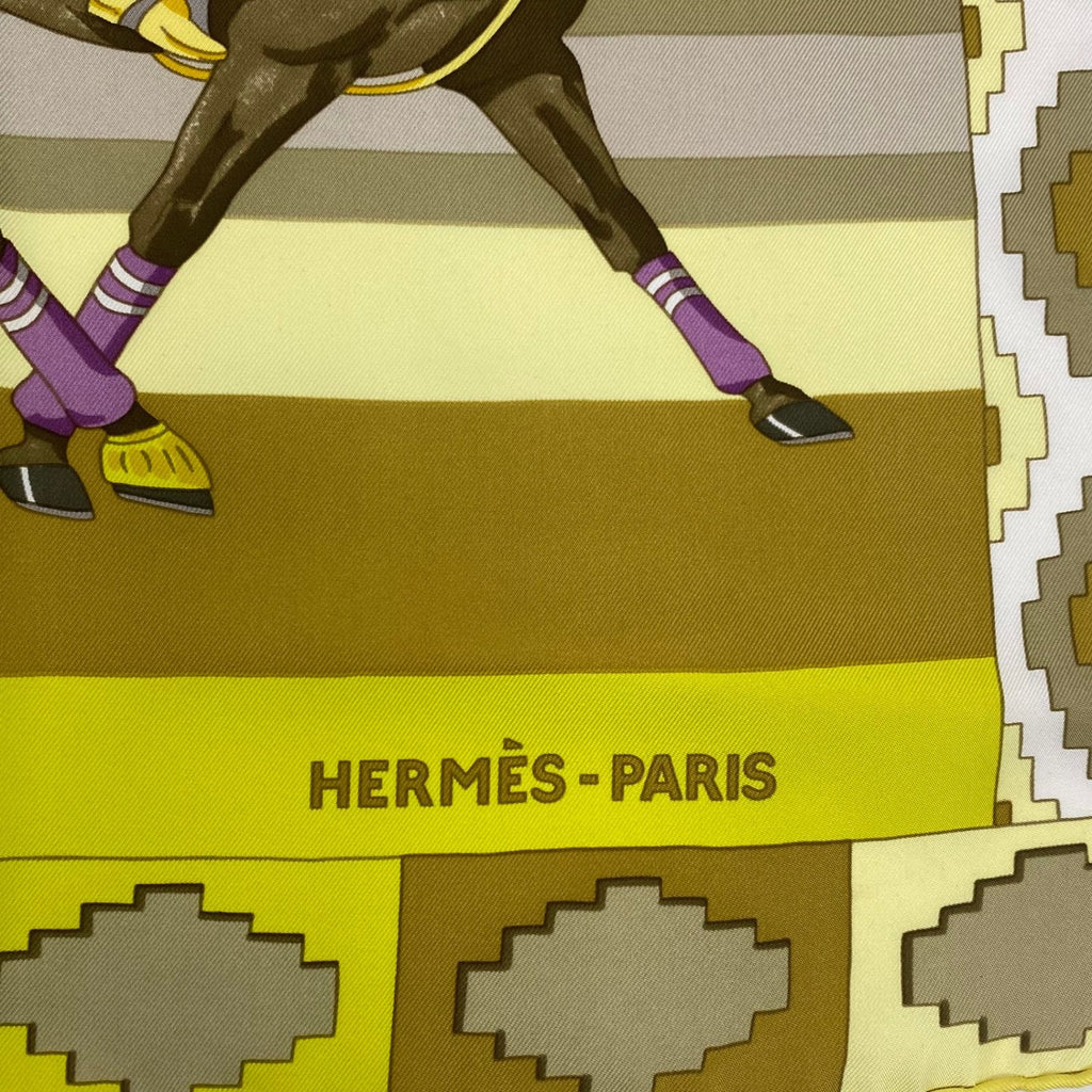 Hermes Carre 90 Scarf Silk les Poneys de Polo Large Horse Pattern Yellow — view 7