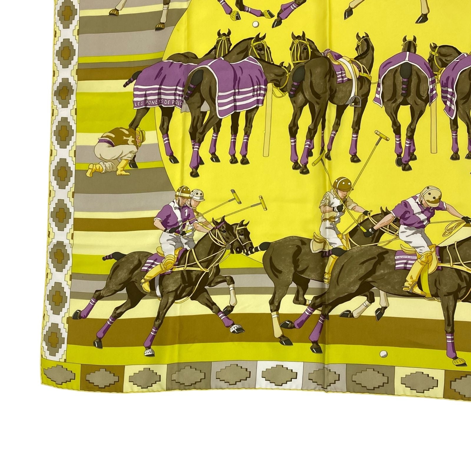 Hermes Carre 90 Scarf Silk les Poneys de Polo Large Horse Pattern Yellow — view 5