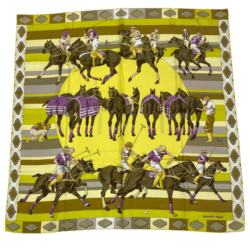 Hermes Carre 90 Scarf Silk les Poneys de Polo Large Horse Pattern Yellow — view 2