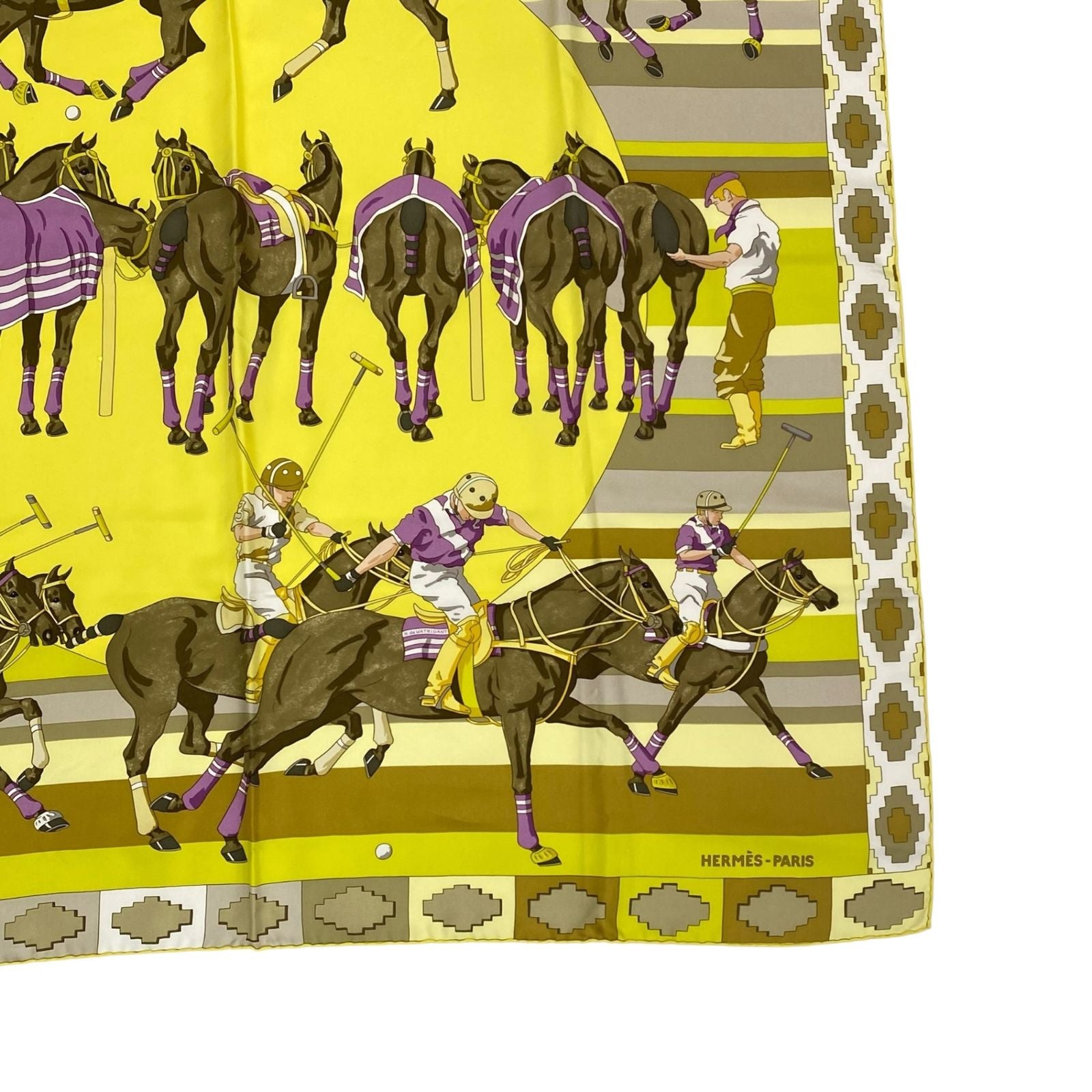 Hermes Carre 90 Scarf Silk les Poneys de Polo Large Horse Pattern Yellow — view 6