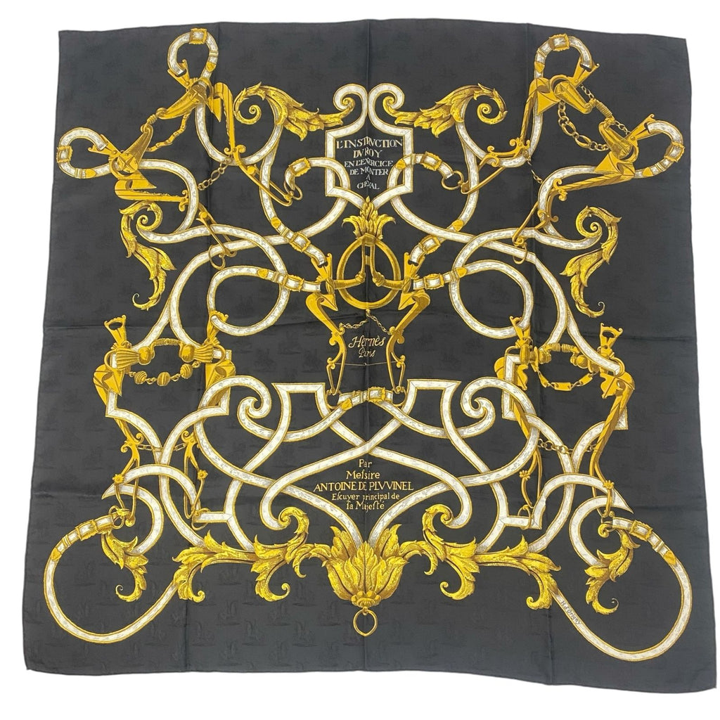 Hermes Carre 90 Scarf Silk L'instrvction Dvro Ground Pattern Black Gold
