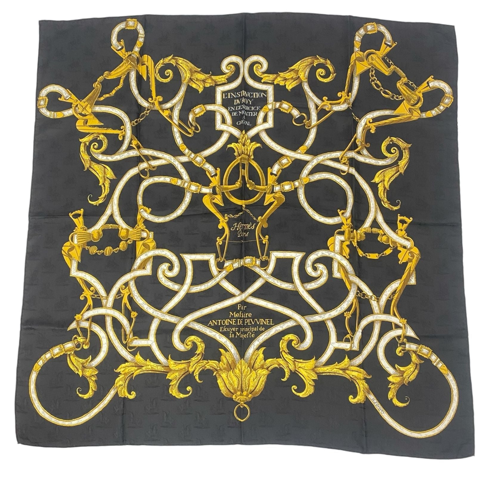 Hermes Carre 90 Scarf Silk L'instrvction Dvro Ground Pattern Black Gold