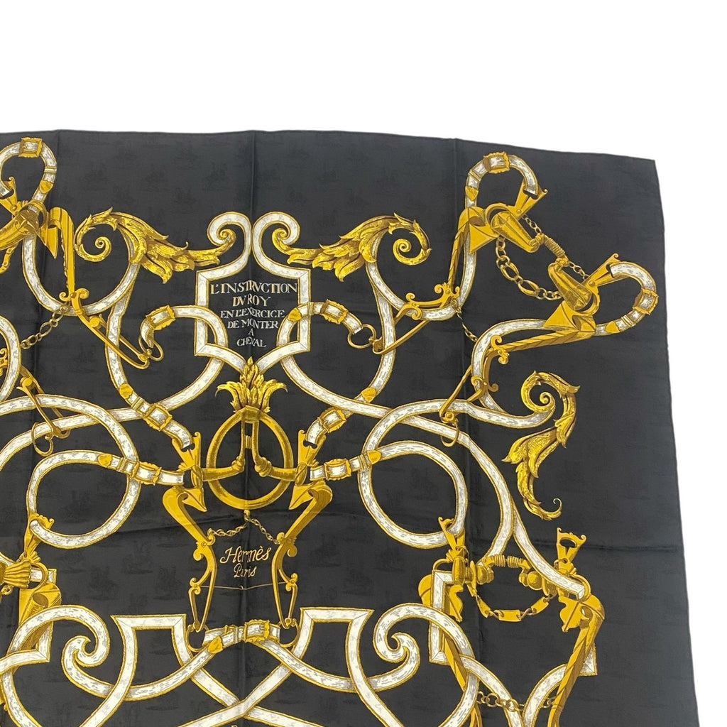 Hermes Carre 90 Scarf Silk L'instrvction Dvro Ground Pattern Black Gold — view 3