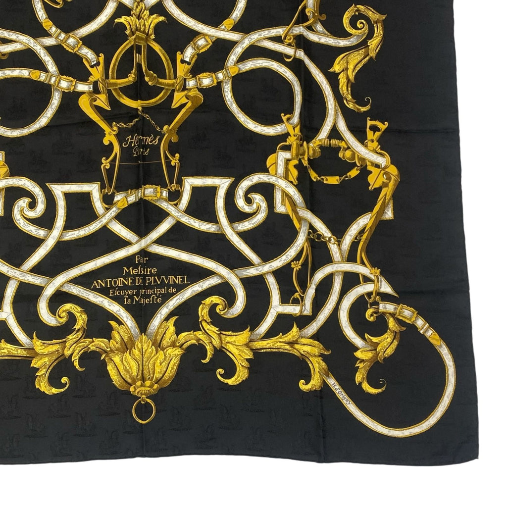 Hermes Carre 90 Scarf Silk L'instrvction Dvro Ground Pattern Black Gold — view 5
