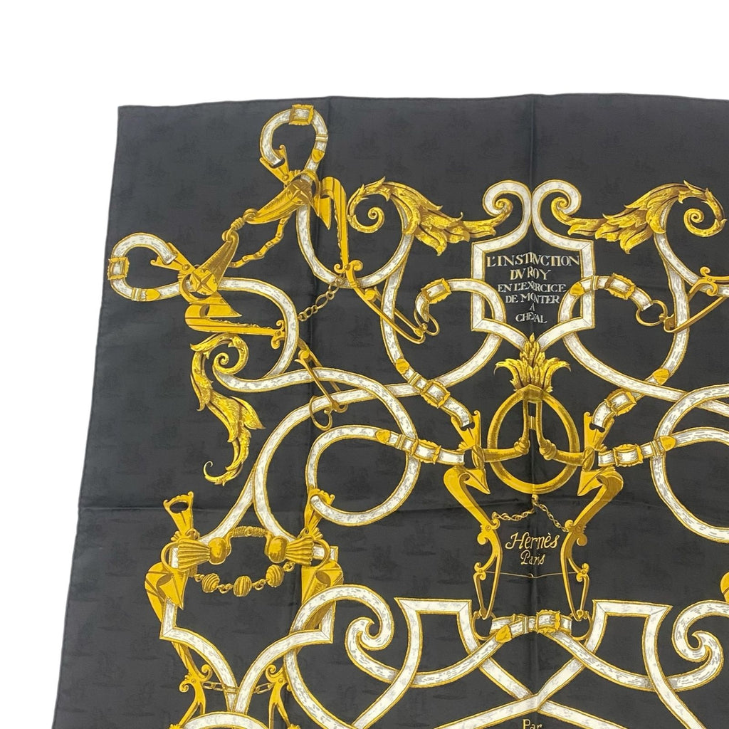 Hermes Carre 90 Scarf Silk L'instrvction Dvro Ground Pattern Black Gold — view 2