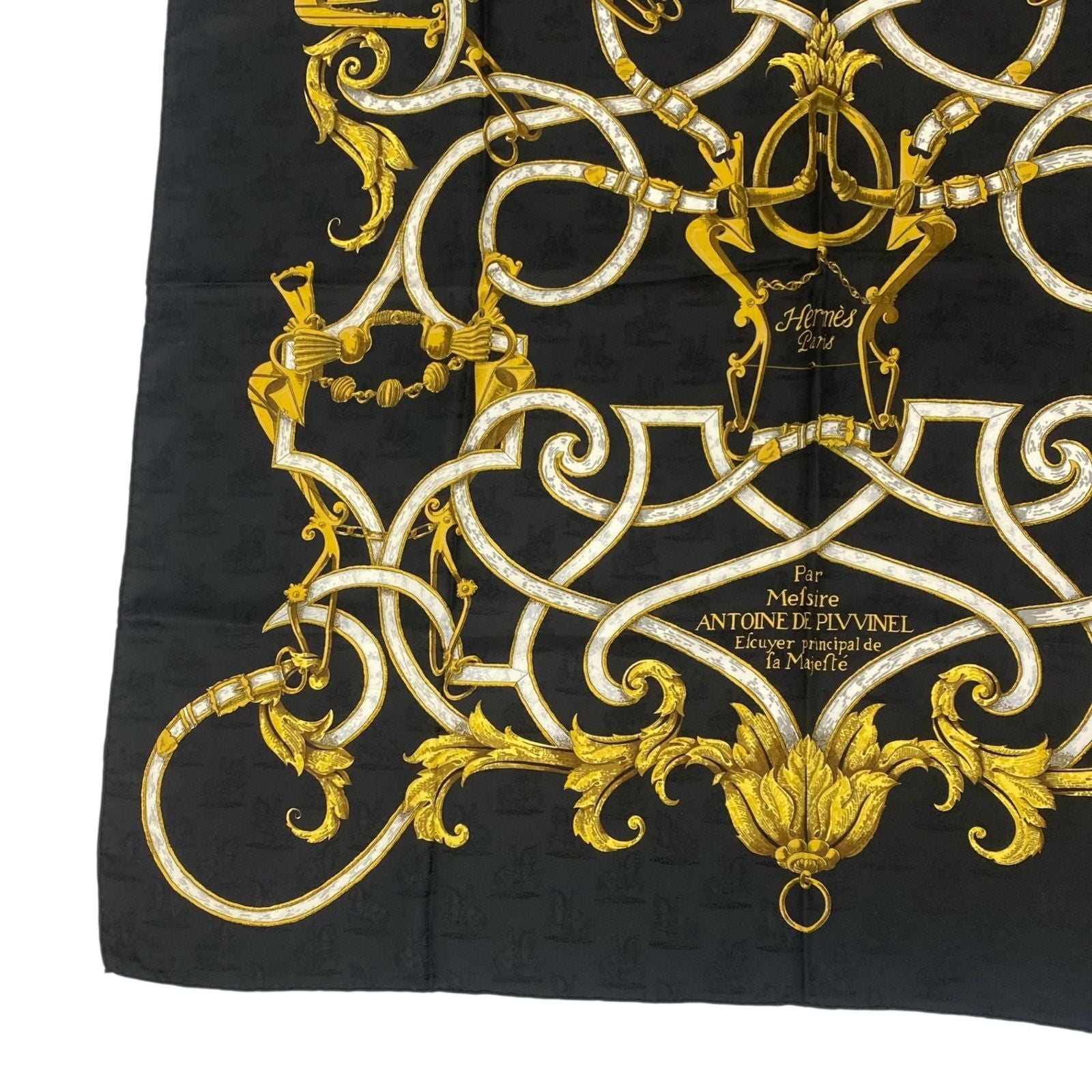 Hermes Carre 90 Scarf Silk L'instrvction Dvro Ground Pattern Black Gold — view 4