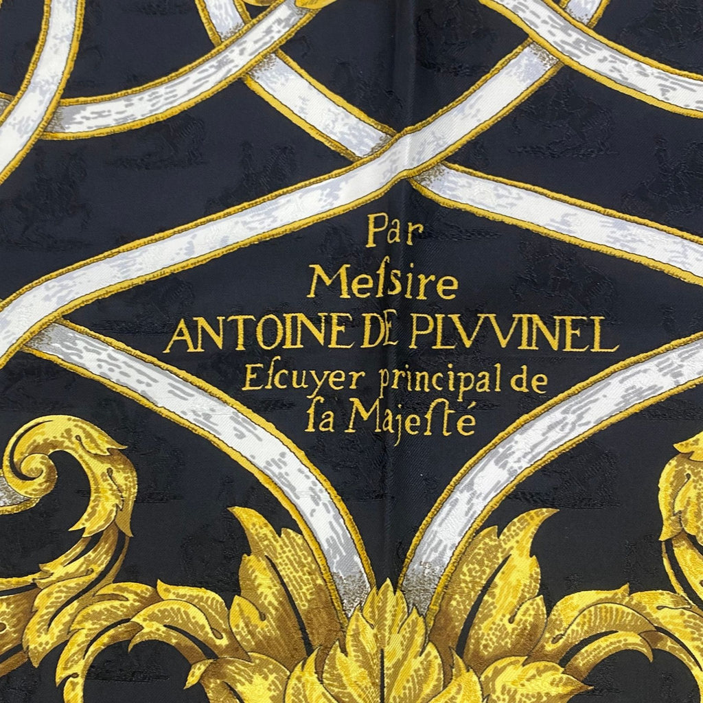 Hermes Carre 90 Scarf Silk L'instrvction Dvro Ground Pattern Black Gold — view 7