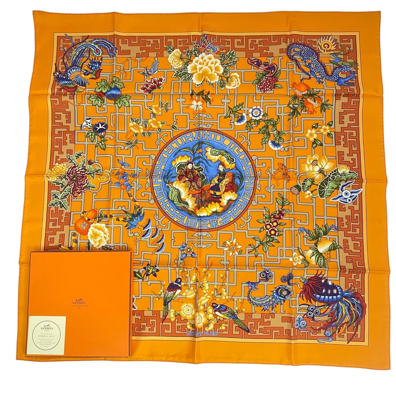 Hermes Scarf Silk Carre 90 Turandot Natsunohidaka Orange Blue