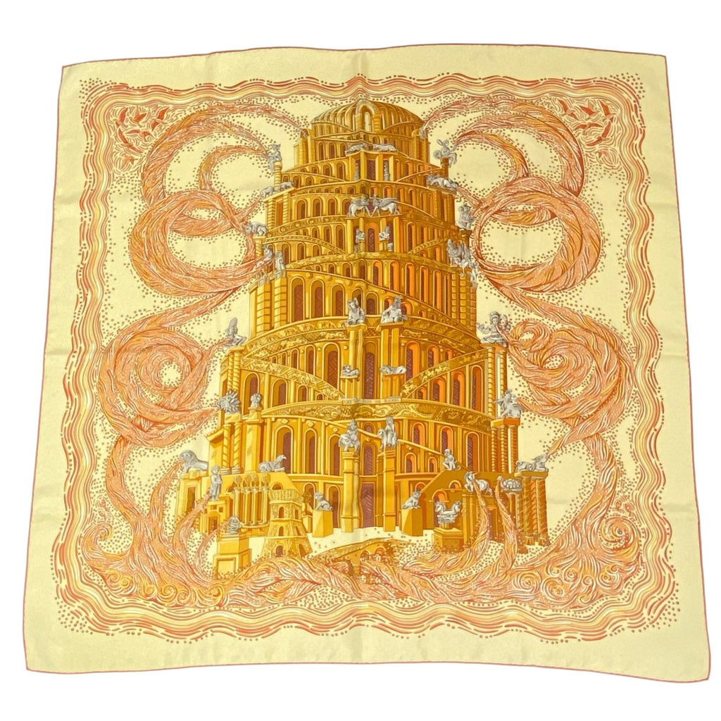 Hermes Carre 90 les Rivieres de Babel River of Scarf Silk 100% Yellow