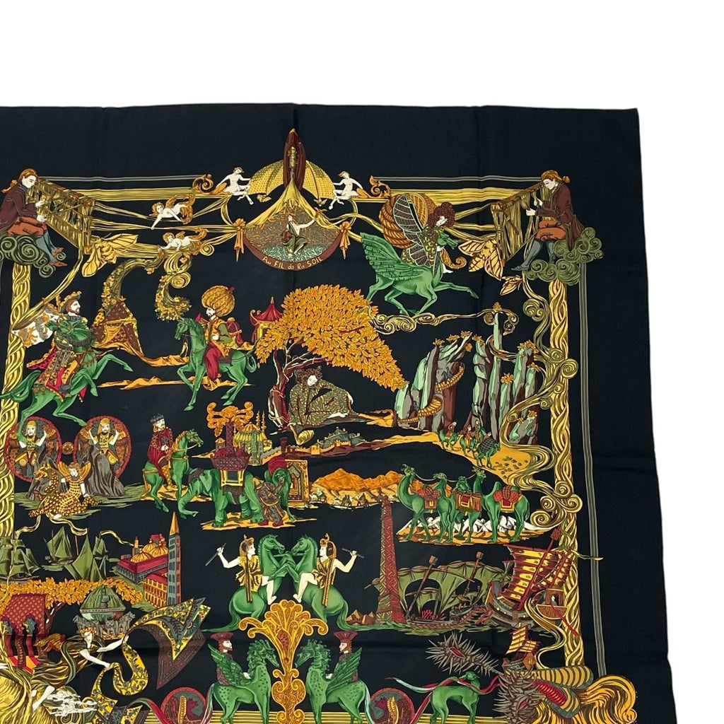 Hermes Carre 90 Au Fil de la Soie Silk Scarf Black Multicolor — view 3