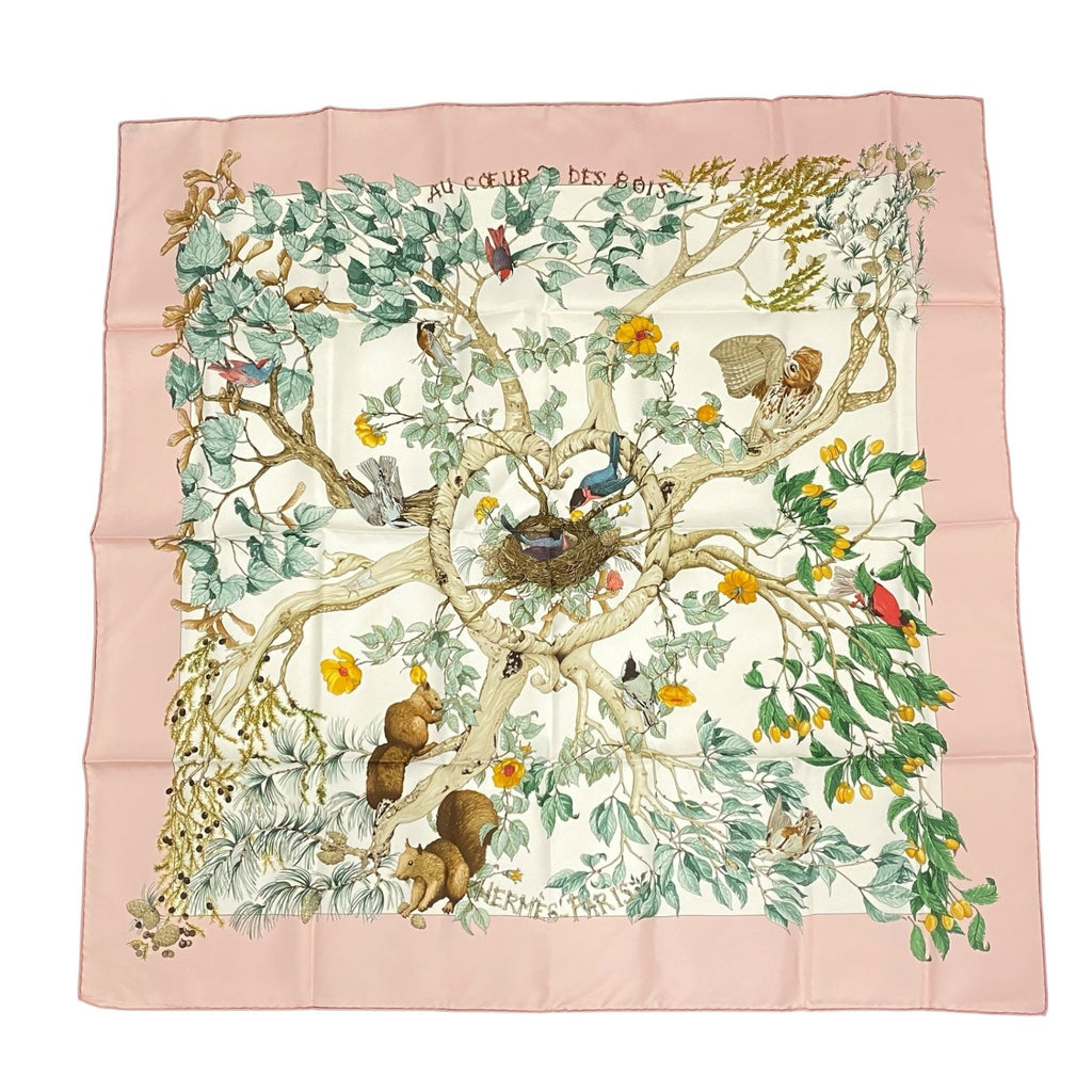 Hermes Scarf Carre 90 AU Coeur Des Bois in the Forest Silk 100% Pink