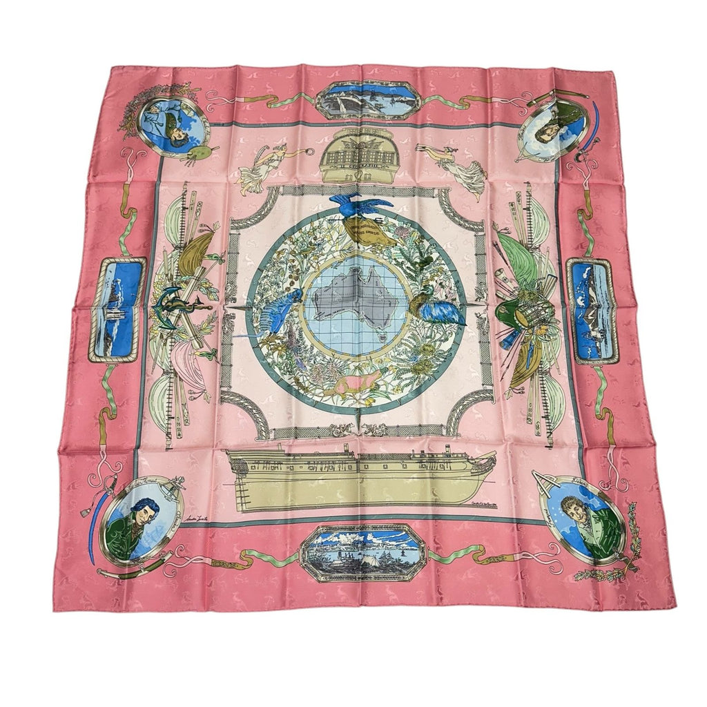 Hermes Carre 90 le Geographe Geographer Silk 100% Pink Scarf