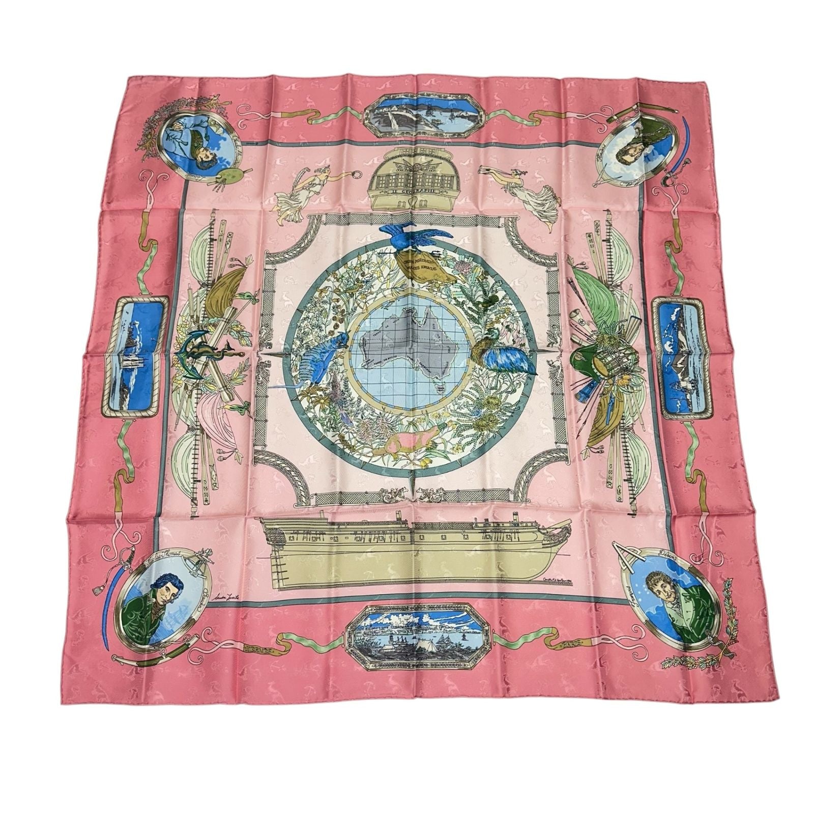 Hermes Carre 90 le Geographe Geographer Silk 100% Pink Scarf