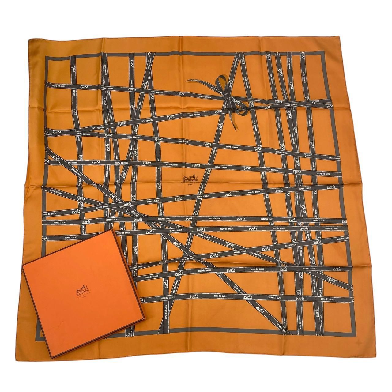 Hermes Scarf Carre 90 Bolduc Ribbon Pattern Orange