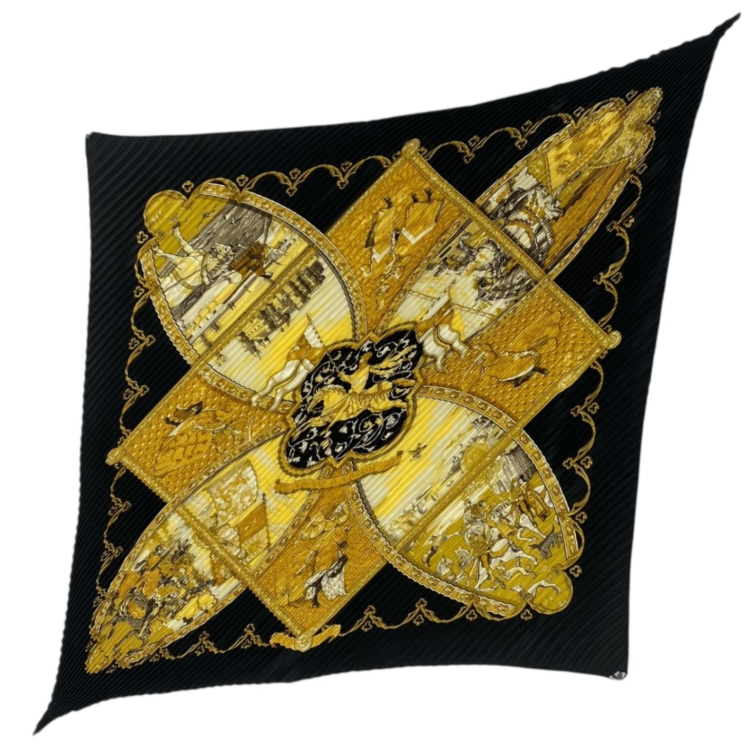 Hermes Scarf Pleated Scene With Horses la Vie A Cheval Gold Black