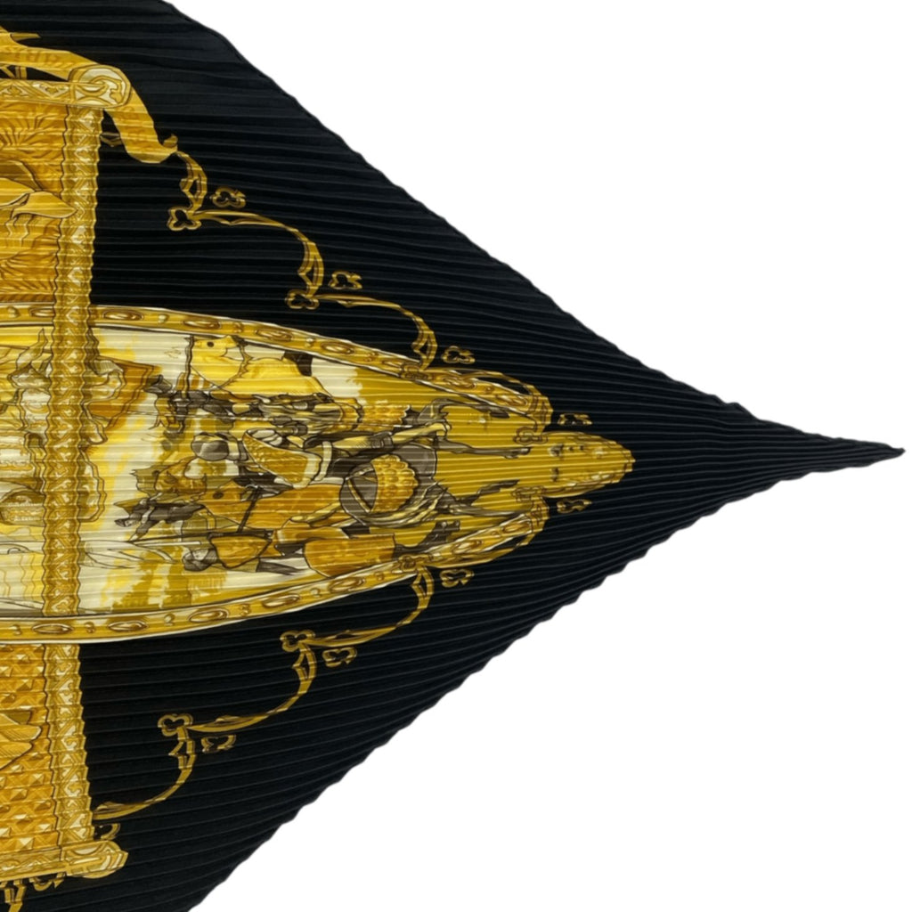 Hermes Scarf Pleated Scene With Horses la Vie A Cheval Gold Black