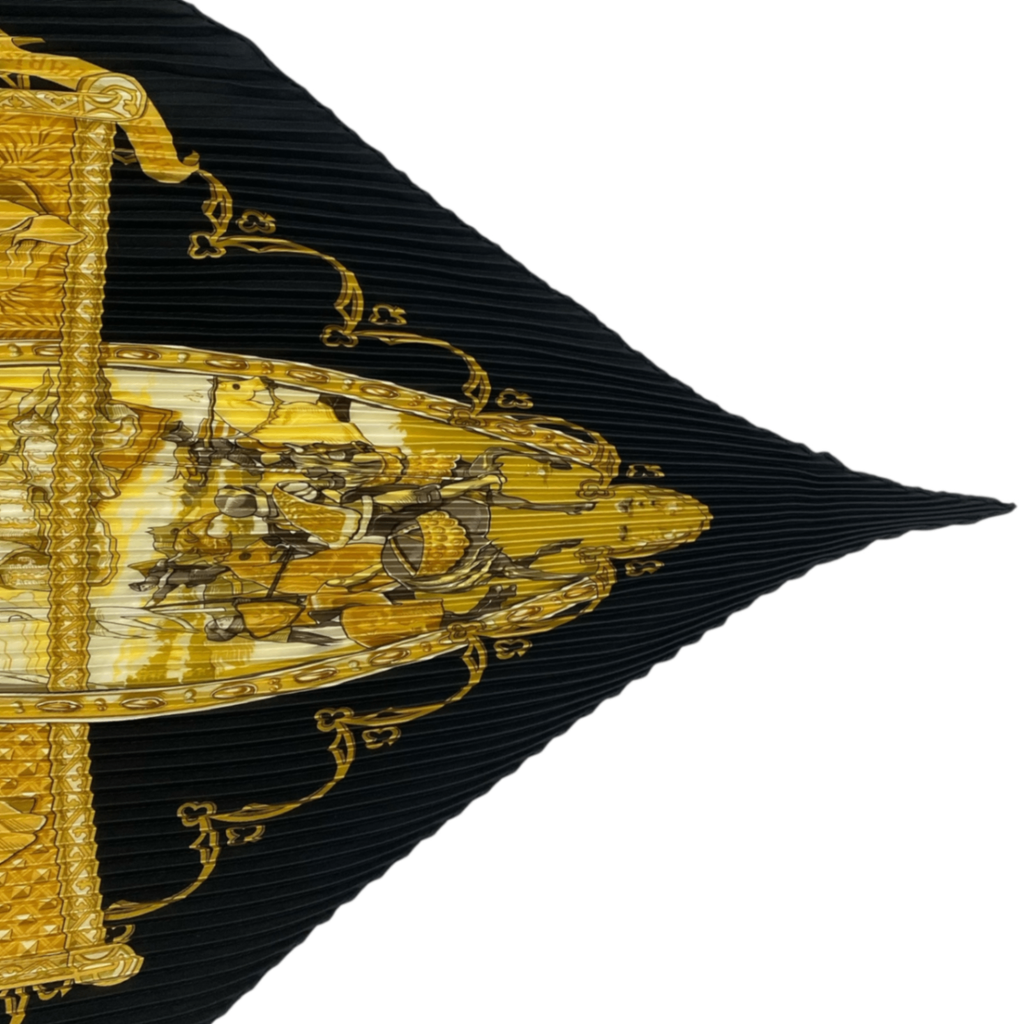 Hermes Scarf Pleated Scene with Horses la Vie a Cheval Gold Black — view 4