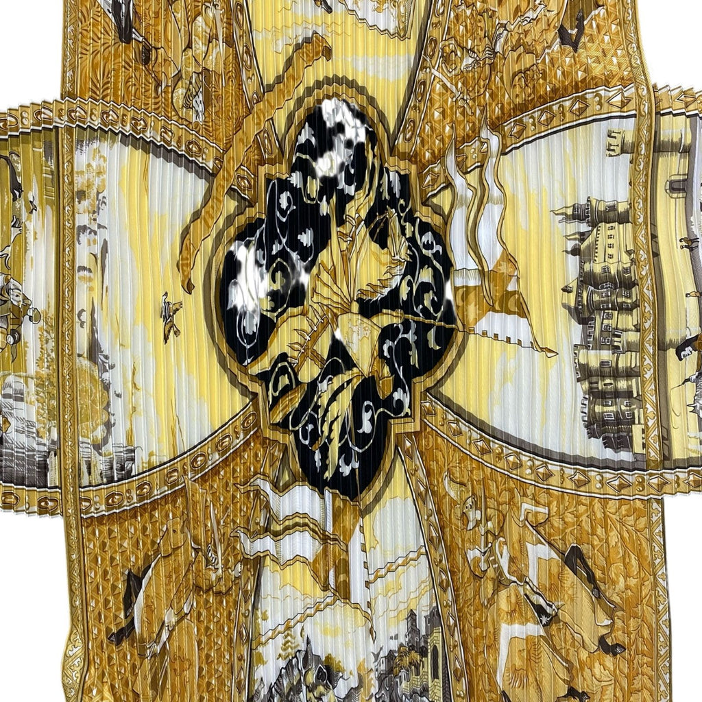 Hermes Scarf Pleated Scene with Horses la Vie a Cheval Gold Black — view 3