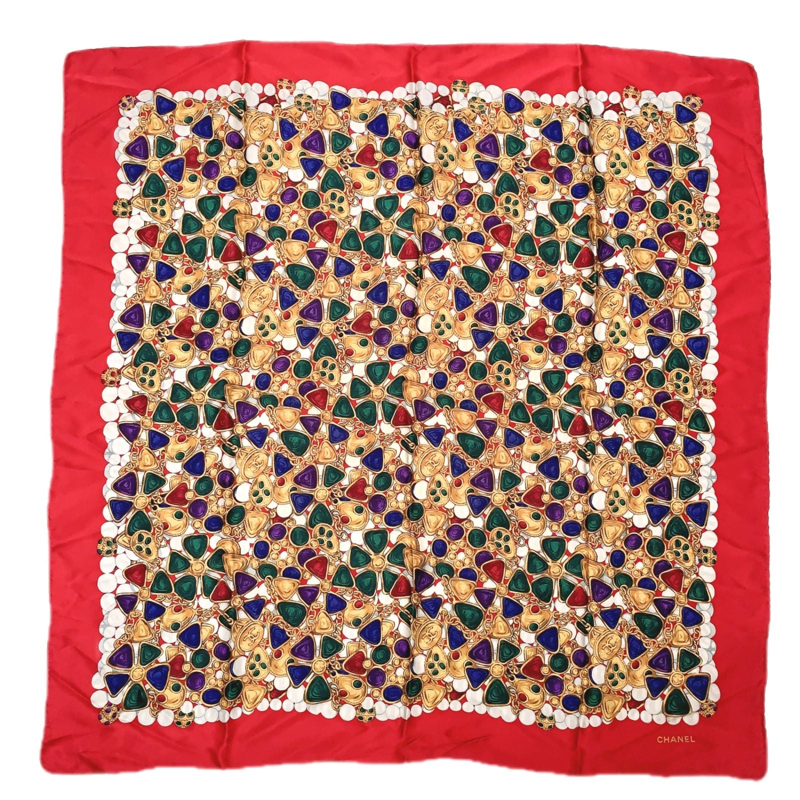 Chanel Silk Scarf Large CC Logo Gripoix Pattern Red Multicolor