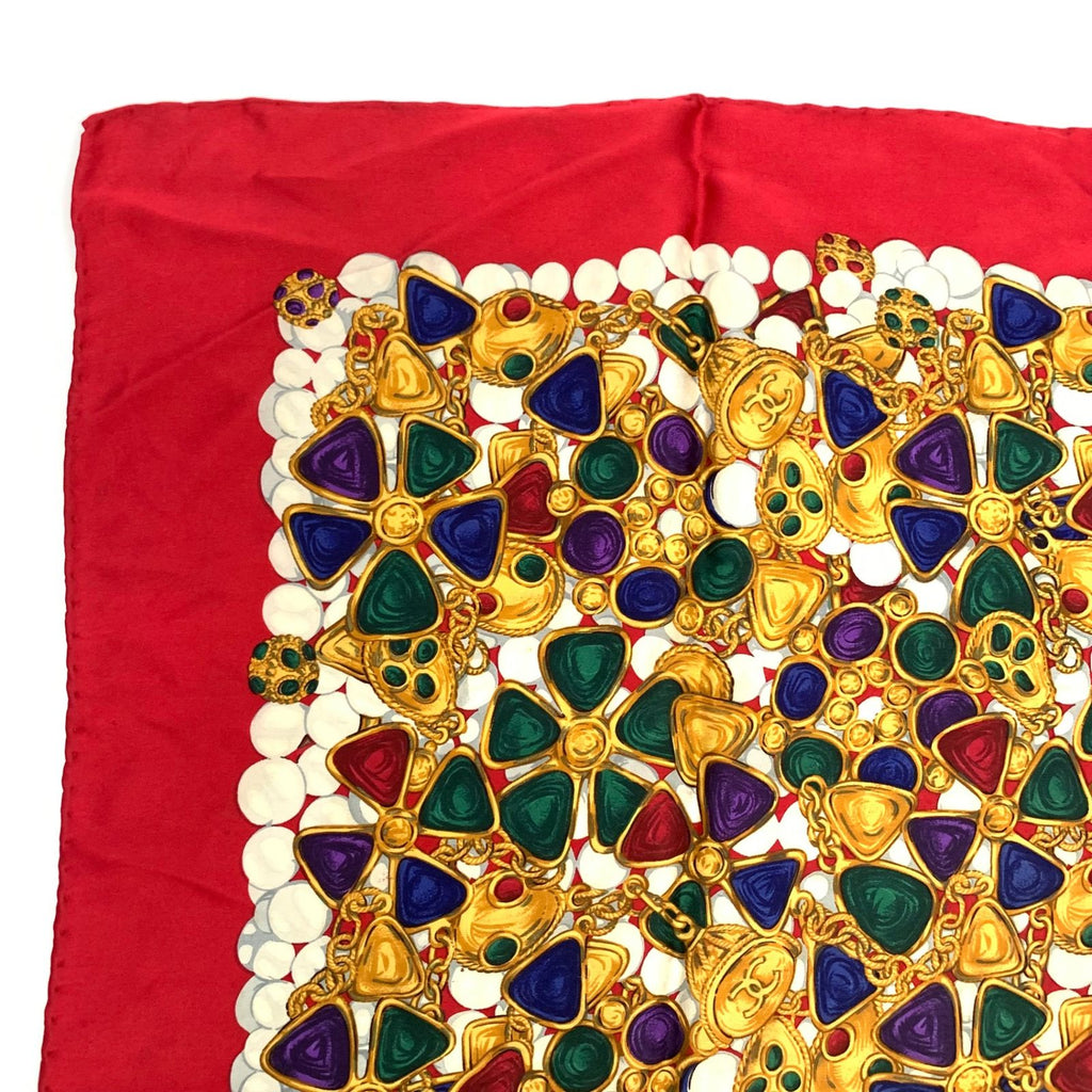 Chanel Silk Scarf Large CC Logo Gripoix Pattern Red Multicolor — view 2