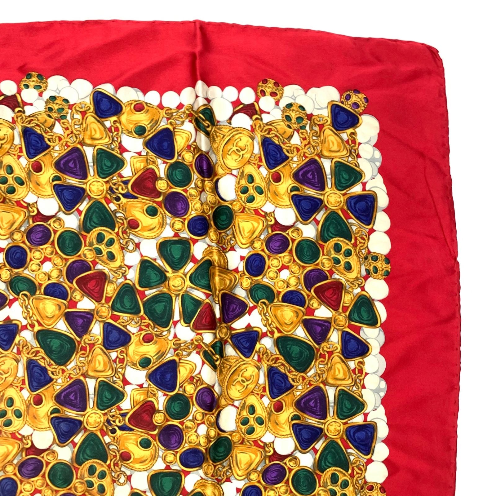 Chanel Silk Scarf Large CC Logo Gripoix Pattern Red Multicolor — view 3