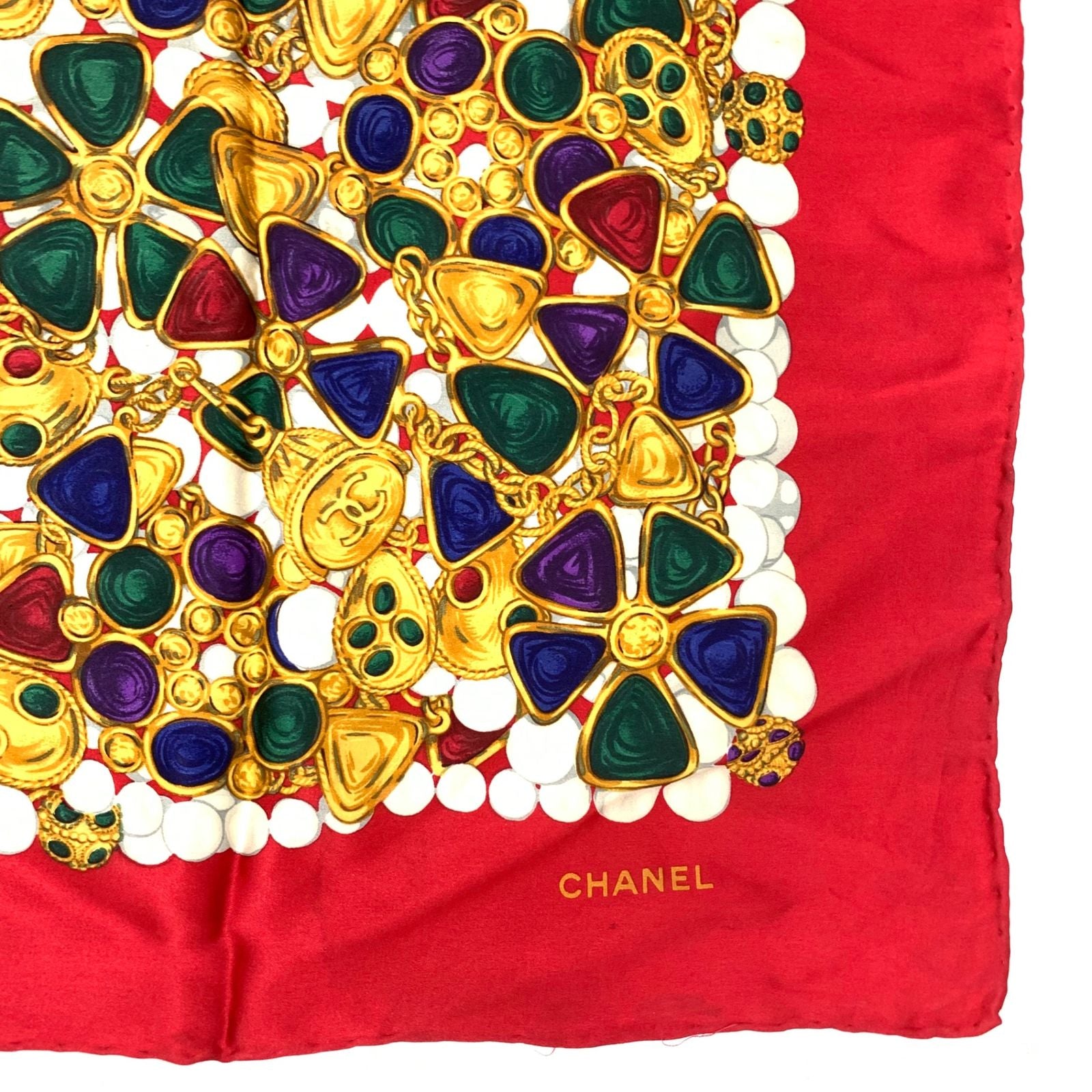 Chanel Silk Scarf Large CC Logo Gripoix Pattern Red Multicolor — view 4