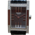 Hermes Dandem Diamond Set Bezel Watch SS Leather Quartz Black Dial