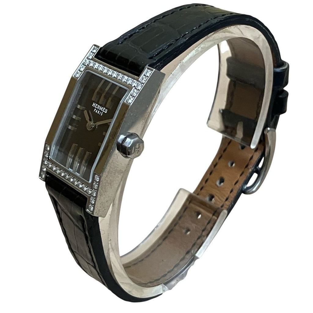 Hermes Dandem Diamond Set Bezel Watch SS Leather Quartz Black Dial — view 2