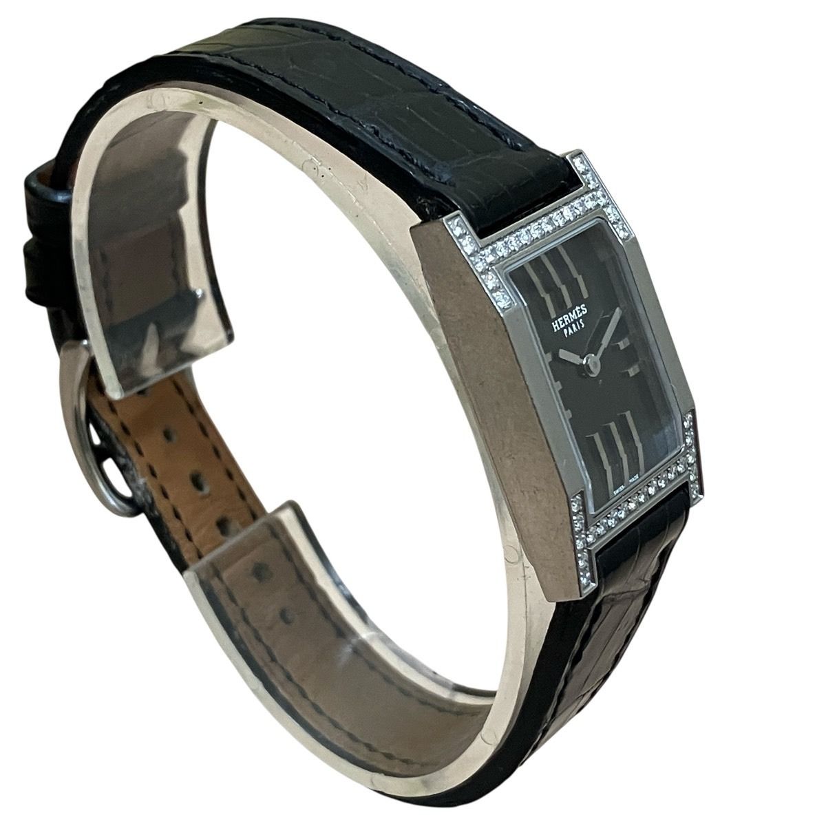 Hermes Dandem Diamond Set Bezel Watch SS Leather Quartz Black Dial — view 3