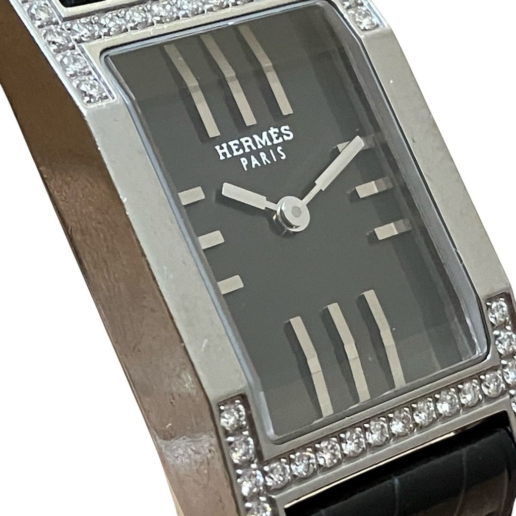 Hermes Dandem Diamond Set Bezel Watch SS Leather Quartz Black Dial — view 4