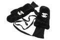 Chanel CC Logo Rabbit Mittens Gloves Black White Fur Lambskin