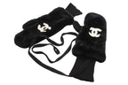 Chanel CC Logo Rabbit Mittens Gloves Black White Fur Lambskin