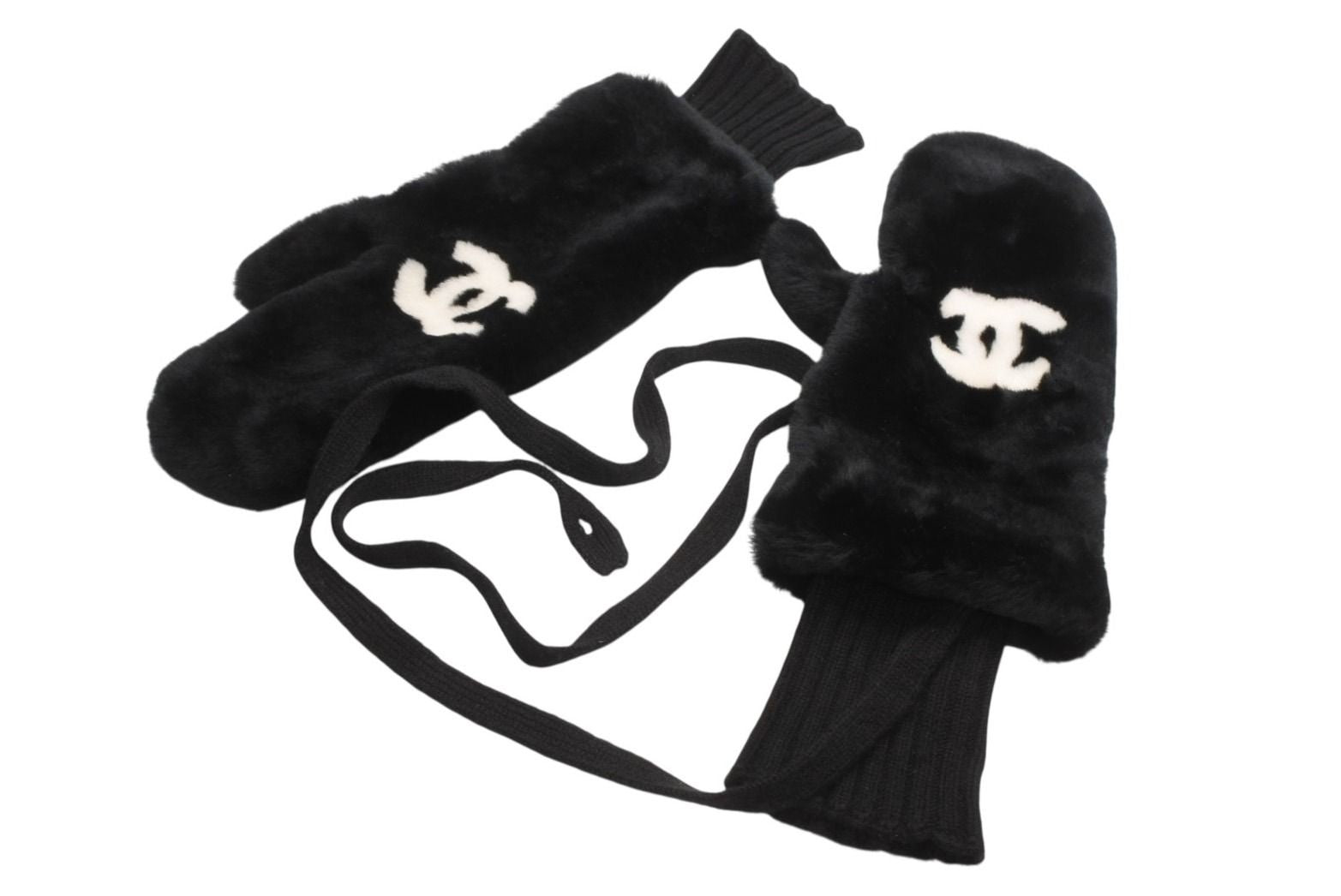 Chanel CC Logo Rabbit Mittens Gloves Black White Fur Lambskin
