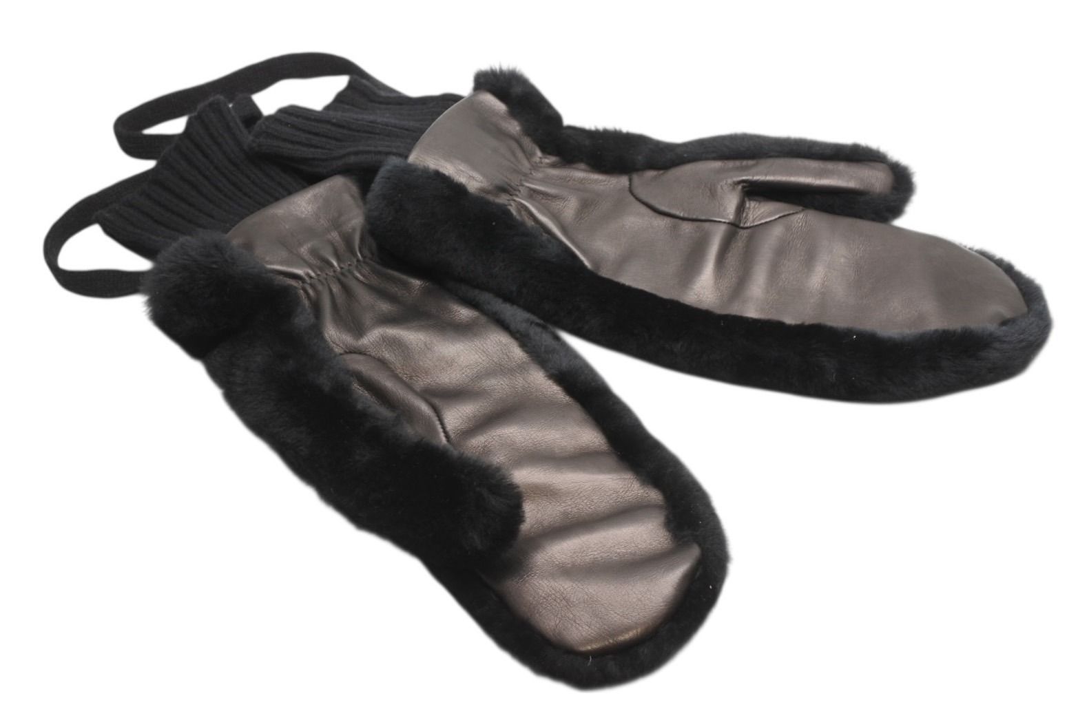 Chanel CC Logo Rabbit Mittens Gloves Black White Fur Lambskin — view 7