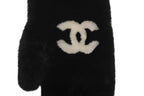 Chanel CC Logo Rabbit Mittens Gloves Black White Fur Lambskin — view 5