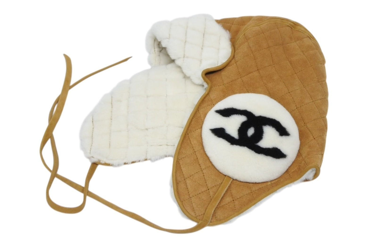 Chanel Coco Neige Flight Cap Beige Black White Suede Shearling Hat