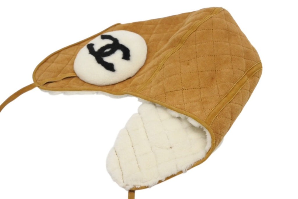 Chanel Coco Neige Flight Cap Beige Black White Suede Shearling Hat — view 4