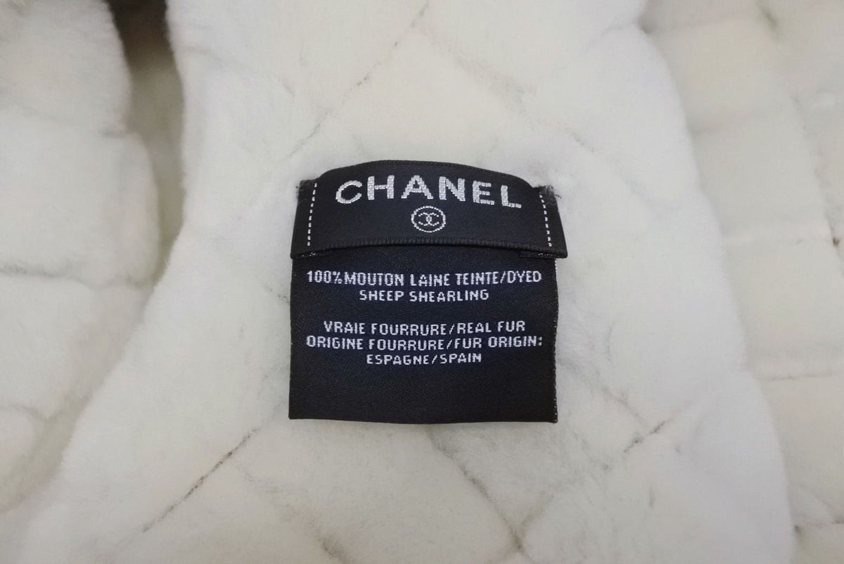 Chanel Coco Neige Flight Cap Beige Black White Suede Shearling Hat — view 7