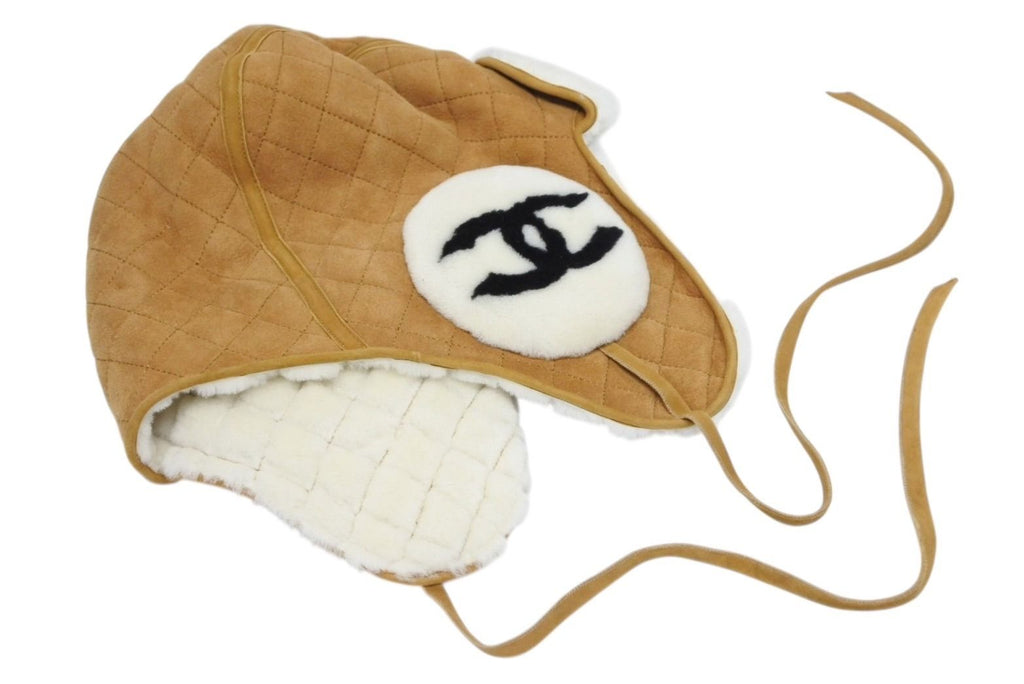 Chanel Coco Neige Flight Cap Beige Black White Suede Shearling Hat — view 2