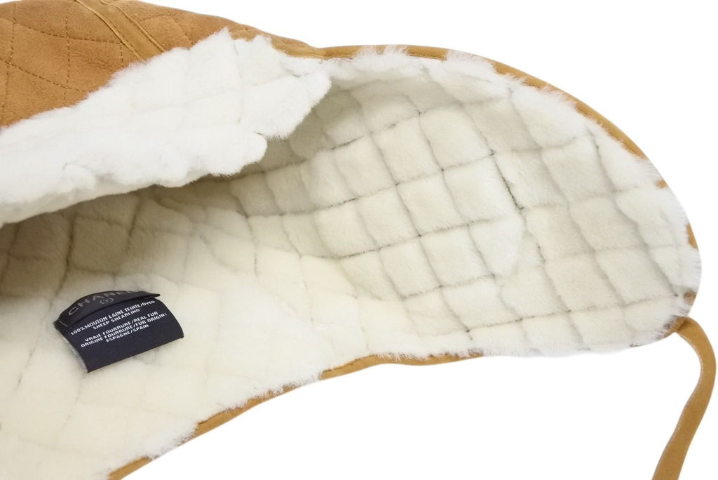 Chanel Coco Neige Flight Cap Beige Black White Suede Shearling Hat — view 6