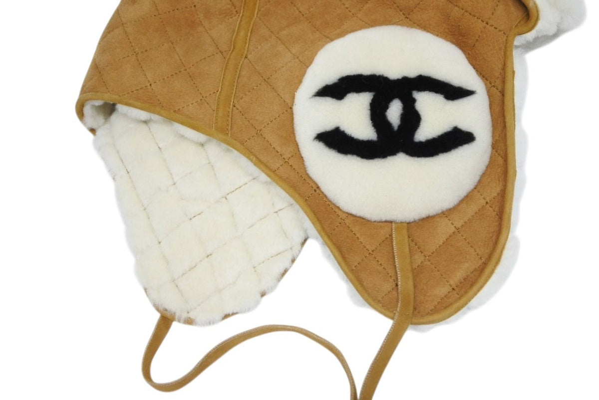 Chanel Coco Neige Flight Cap Beige Black White Suede Shearling Hat — view 3