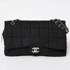 Chanel Quilted Choco Bar Shoulder Bag CC Logo Nylon Black Silver