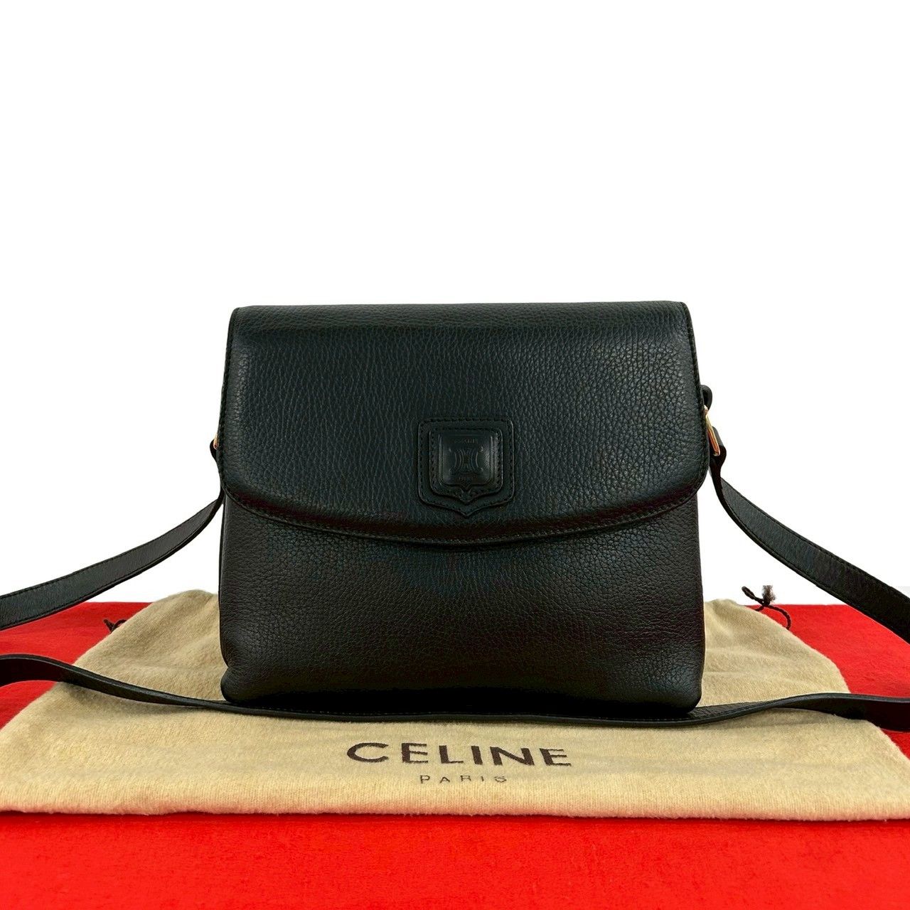 Celine Vintage Triomphe Logo Leather Shoulder Bag Pochette Crossbody Black