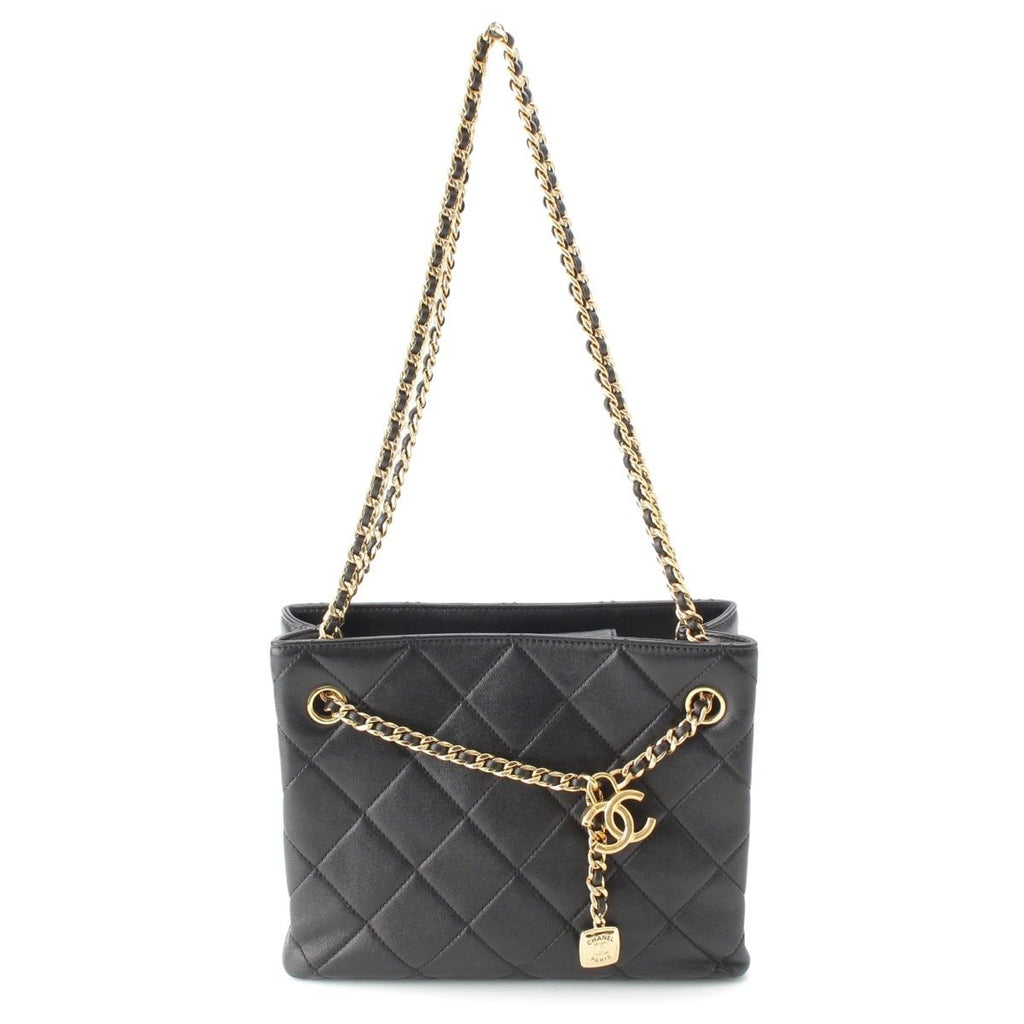 Chanel Quilted Lambskin Shiny CC Logo Shopping Shoulder Bag Black Small