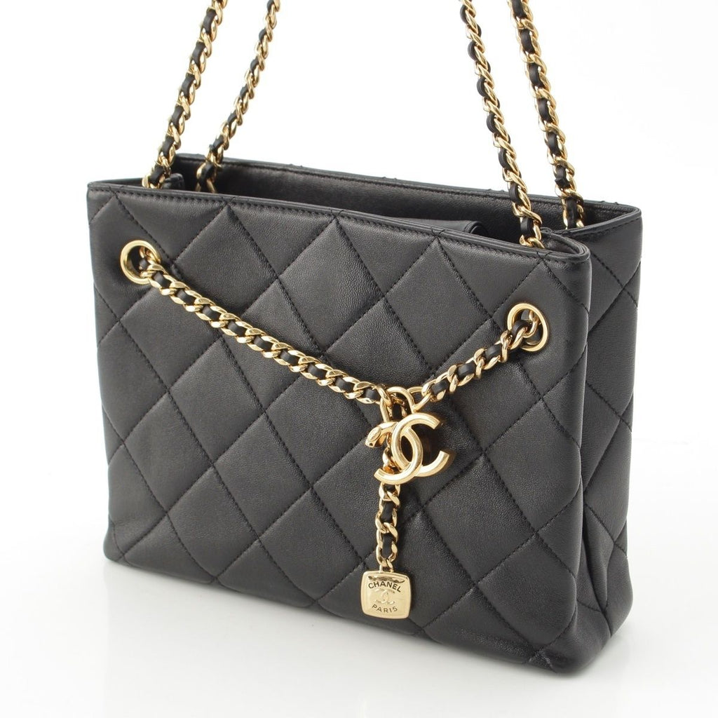 Chanel Quilted Lambskin Shiny CC Logo Shopping Shoulder Bag Black Small — view 3
